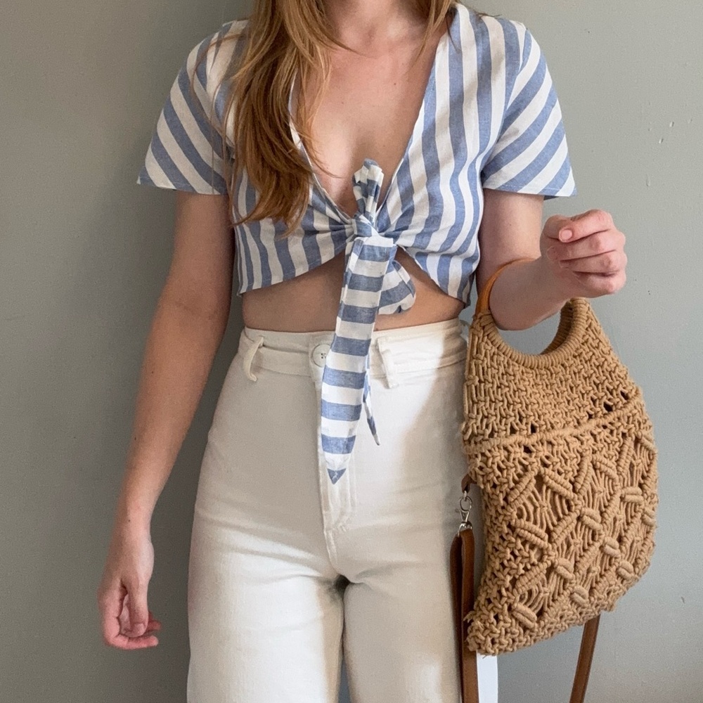 SHEIN Nautical Front Tie Stripe Blouse Top - Picture 3 of 5